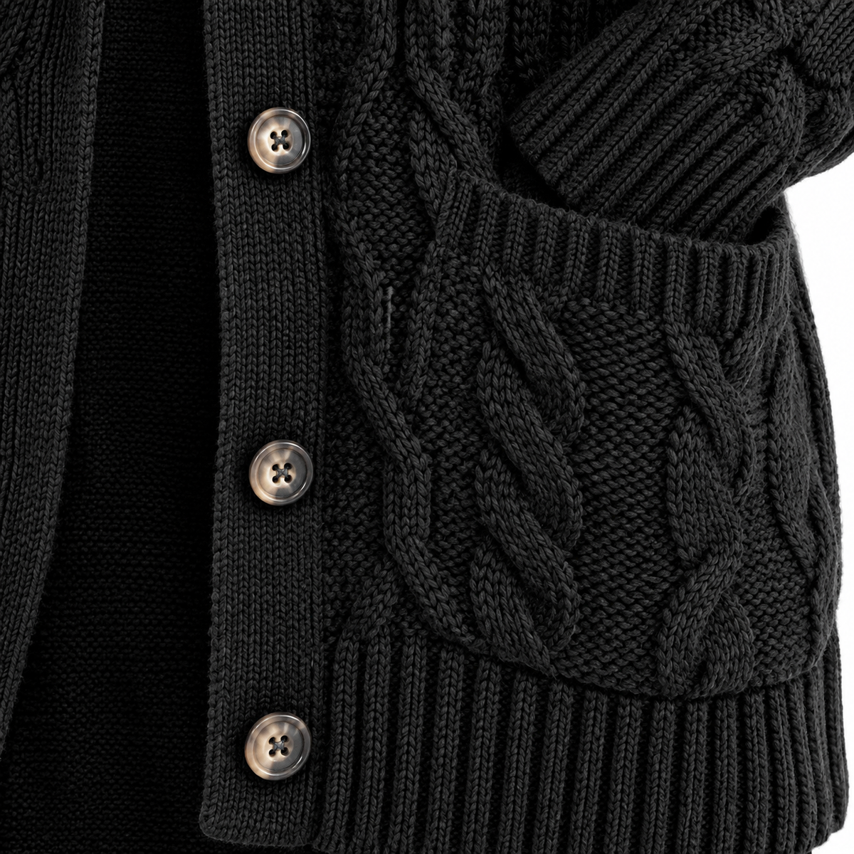 Black cardigan knit, buttons and pocket detail - enlarged illustration based on supplier image
