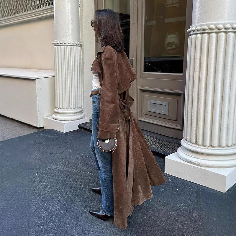 Womens Retro Elegant Long Suede Coat