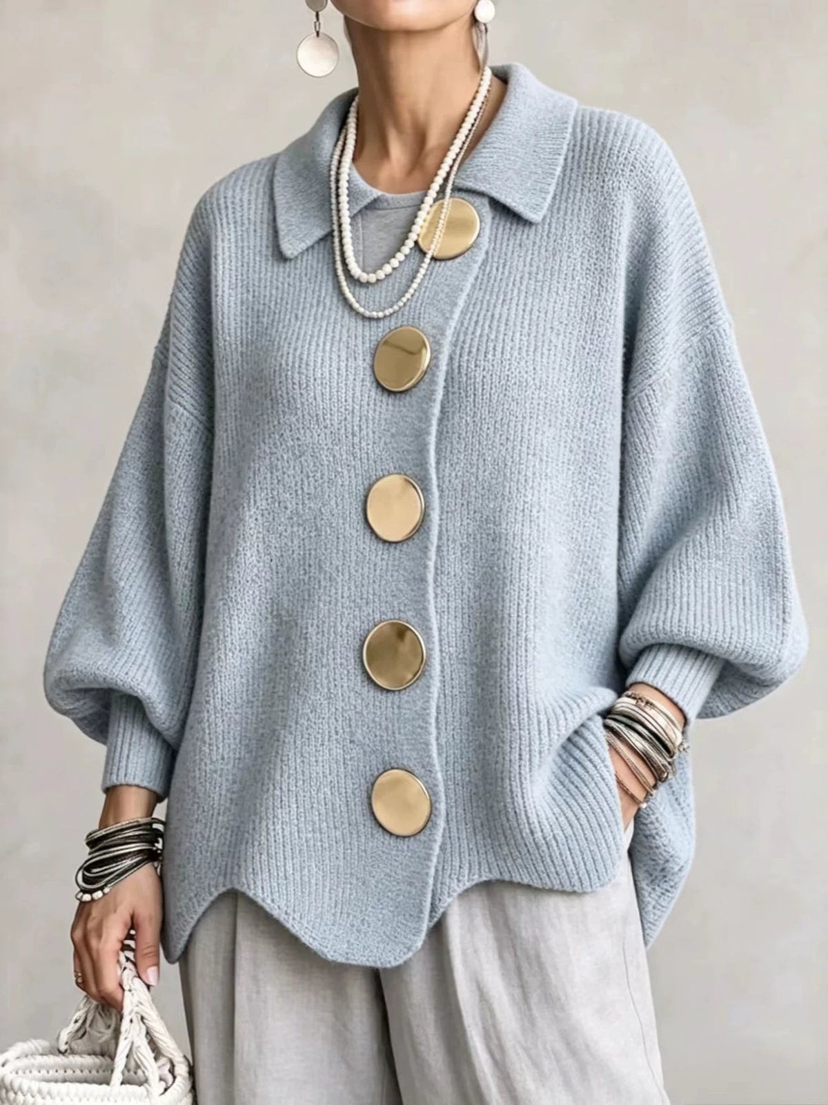 Women's French-Style Knit Top with Metal Buttons