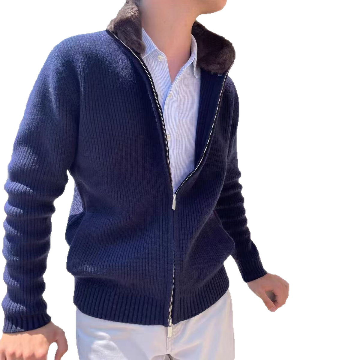 Men's Fur-Collar Knitted Cardigan