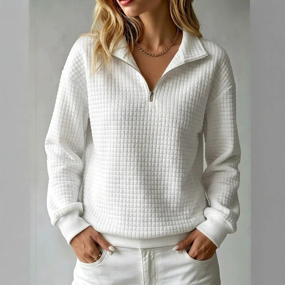Women's Waffle-Knit Zip-Up Long-Sleeve Top