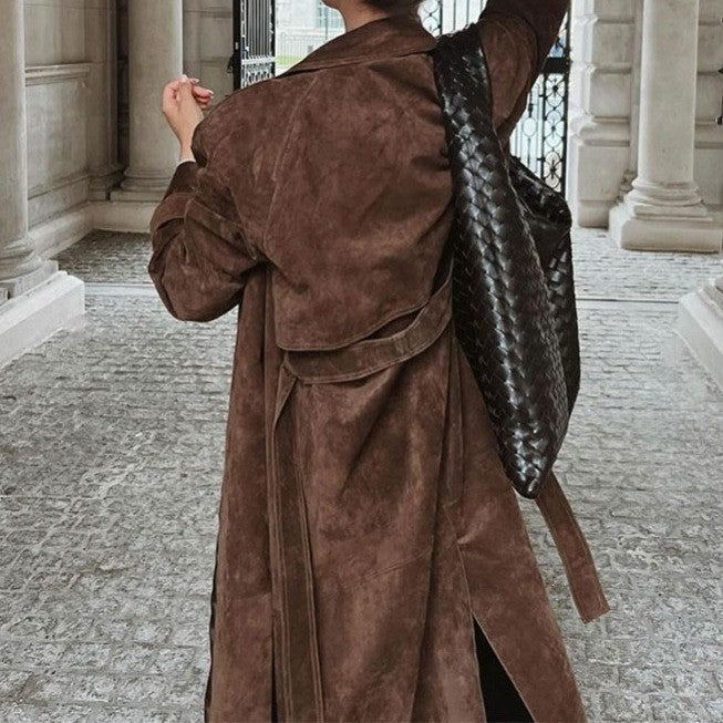 Womens Retro Elegant Long Suede Coat