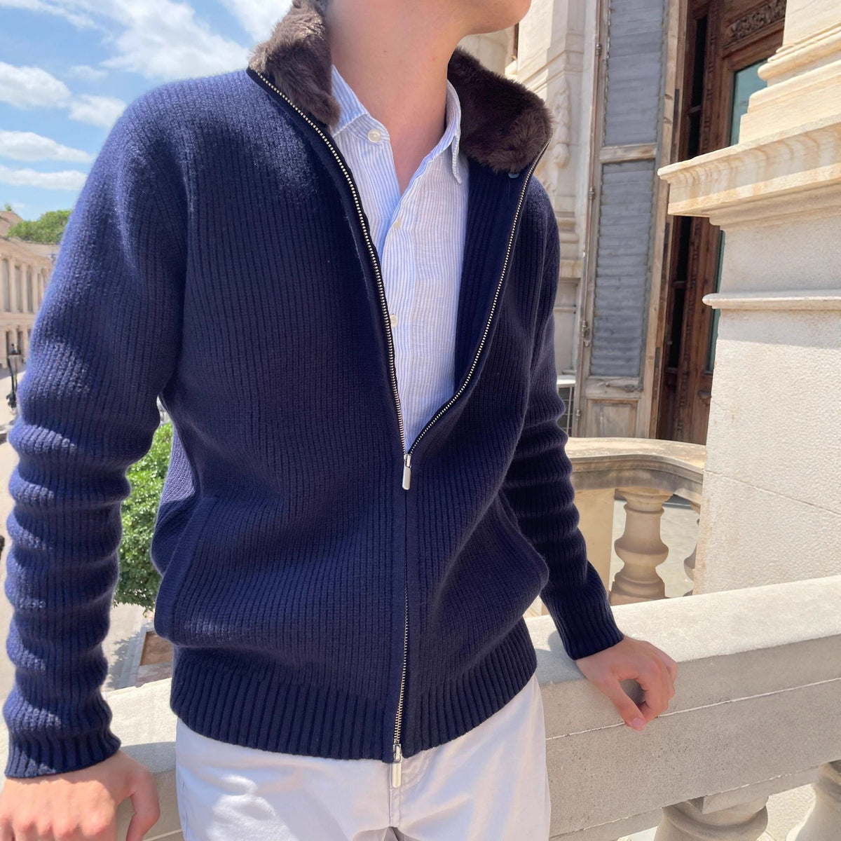 Men's Fur-Collar Knitted Cardigan