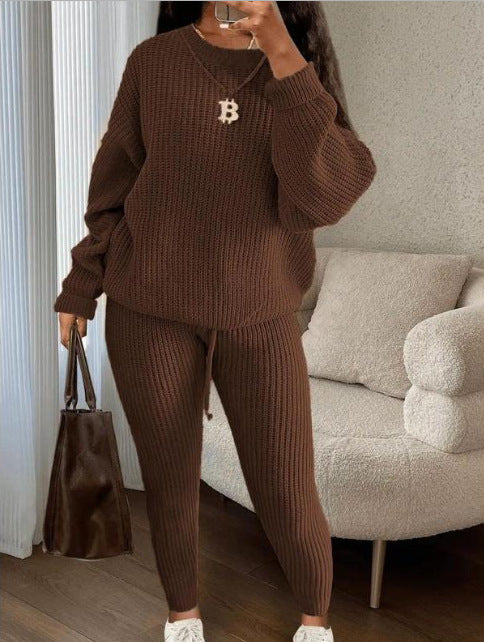 Womens Casual Knitwear Suit Long Sleeve Two Piece Pants Set