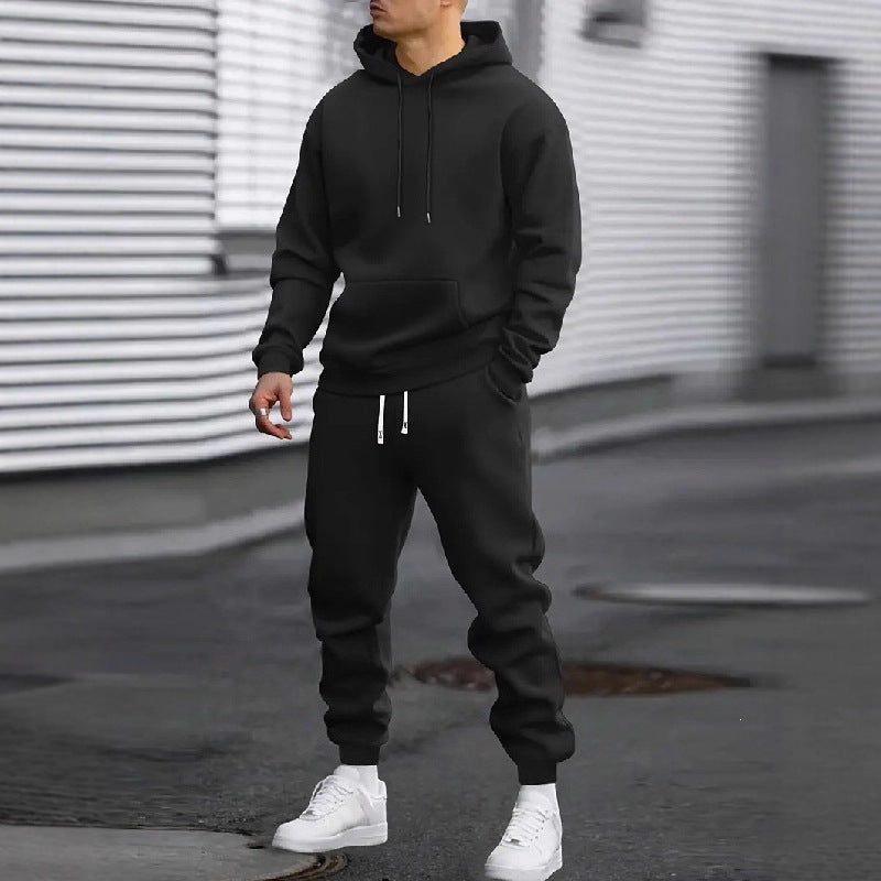 Mens Solid Color Hooded Sweatshirt and Pants Set