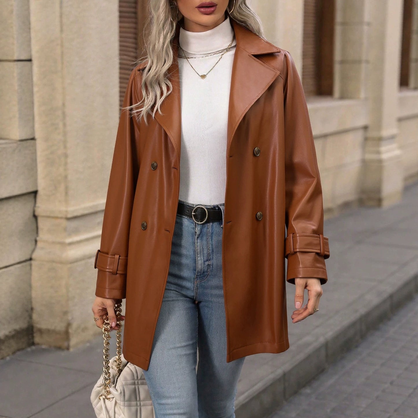 Retro Double-Breasted PU Leather Jacket