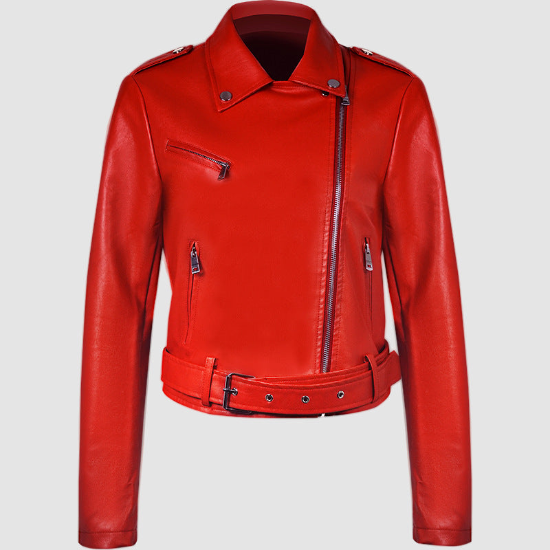 Womens PU Leather Motorcycle Jacket Lapel Short Belt