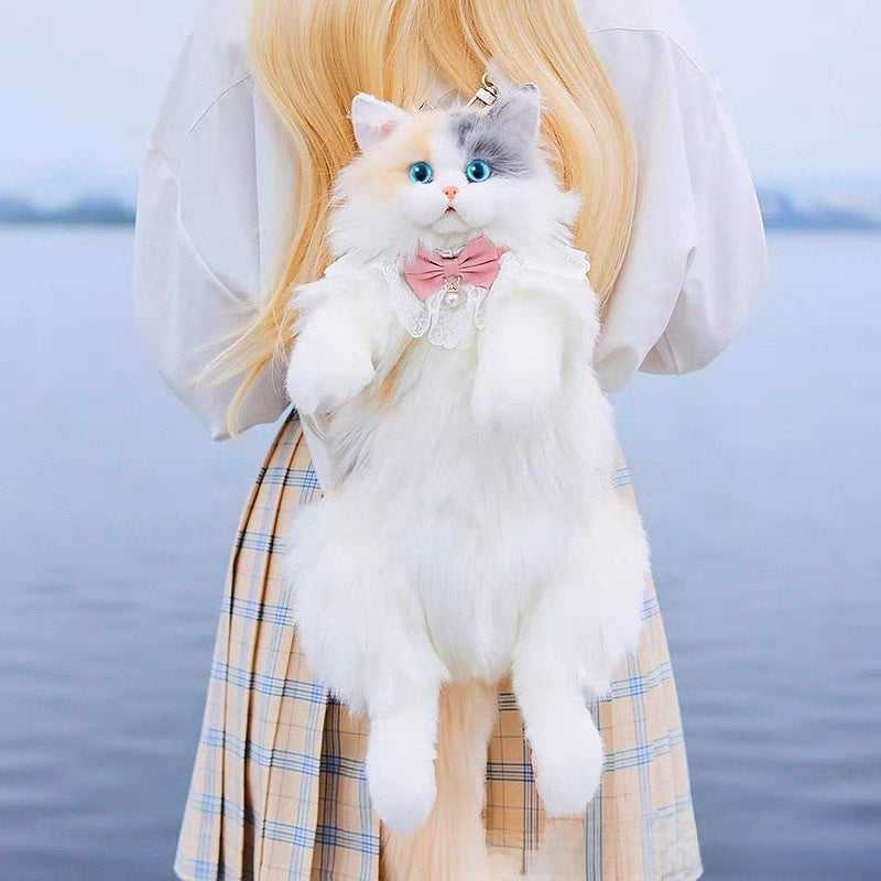 Calico Cat Plush Toy Doll Lifelike Stuffed Animal with Backpack