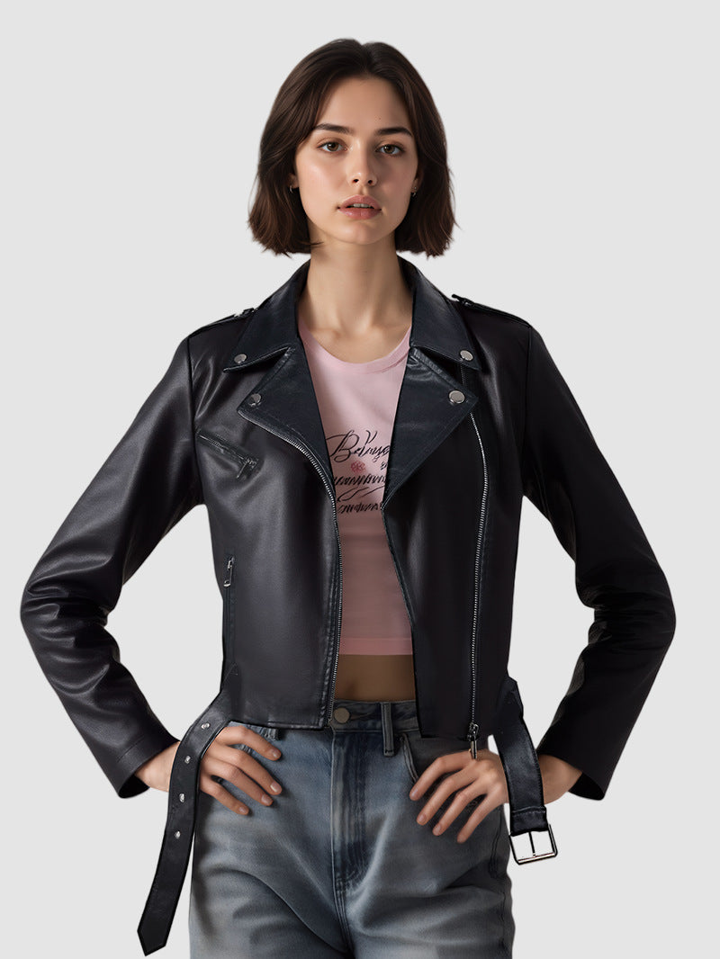 Womens PU Leather Motorcycle Jacket Lapel Short Belt