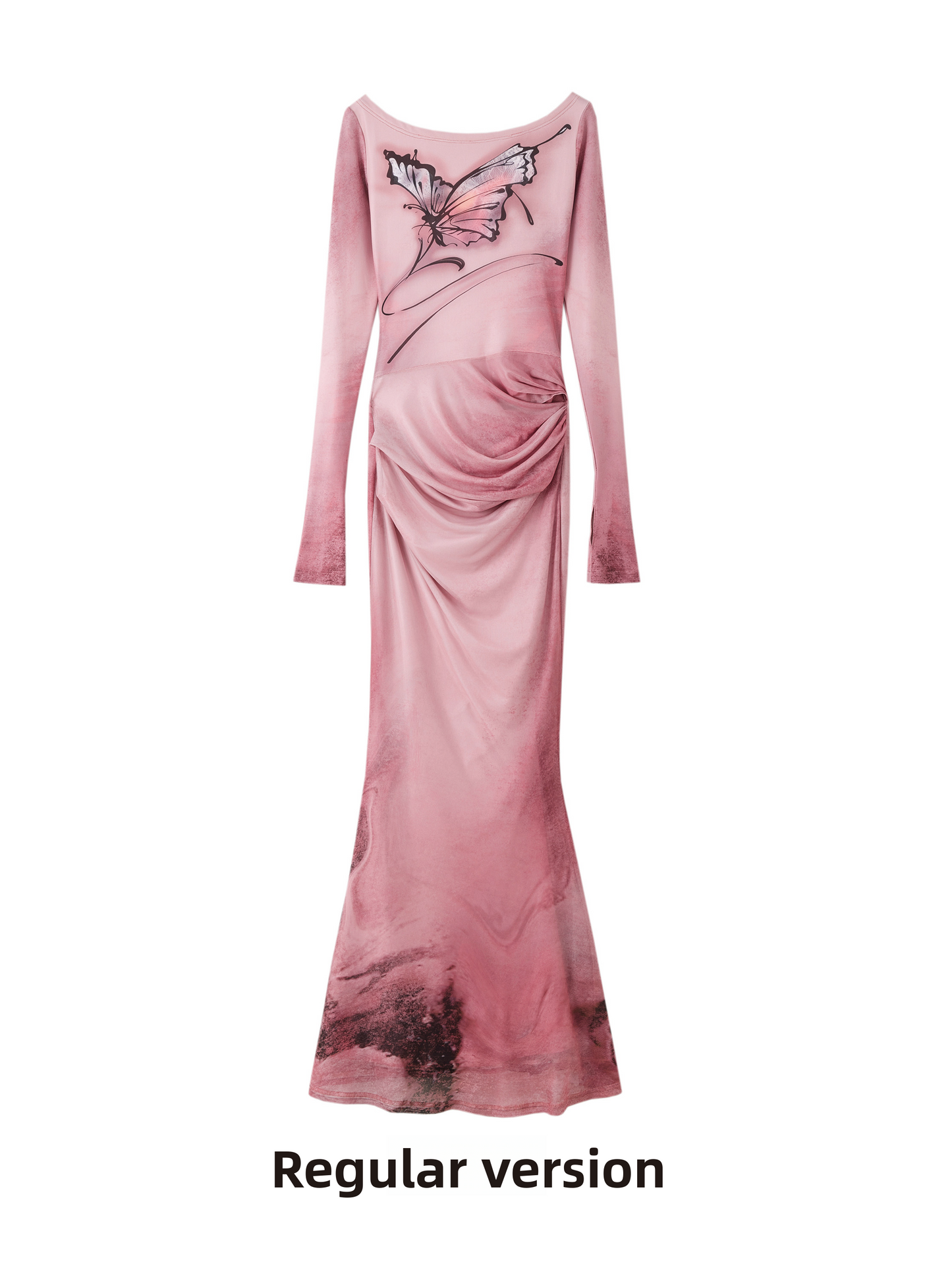Butterfly Print Mesh Long-Sleeved One-Line Collar Fishtail Skirt for Women