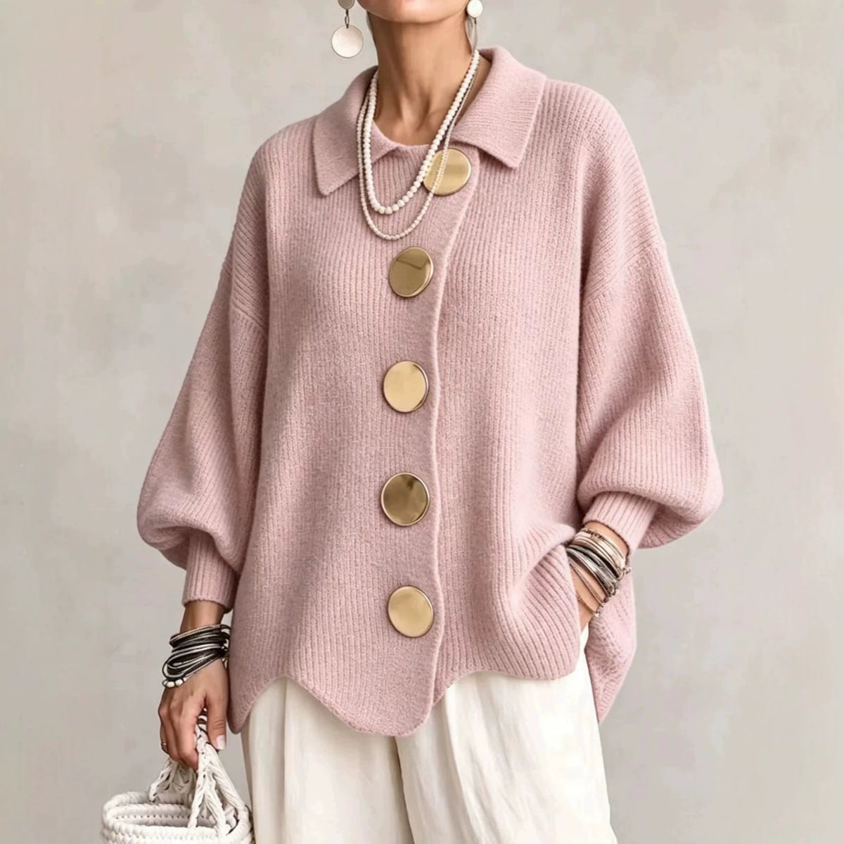 Women's French-Style Knit Top with Metal Buttons