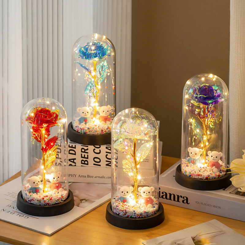 Eternal Rose LED Lamp with Bear Couple Desktop Decoration
