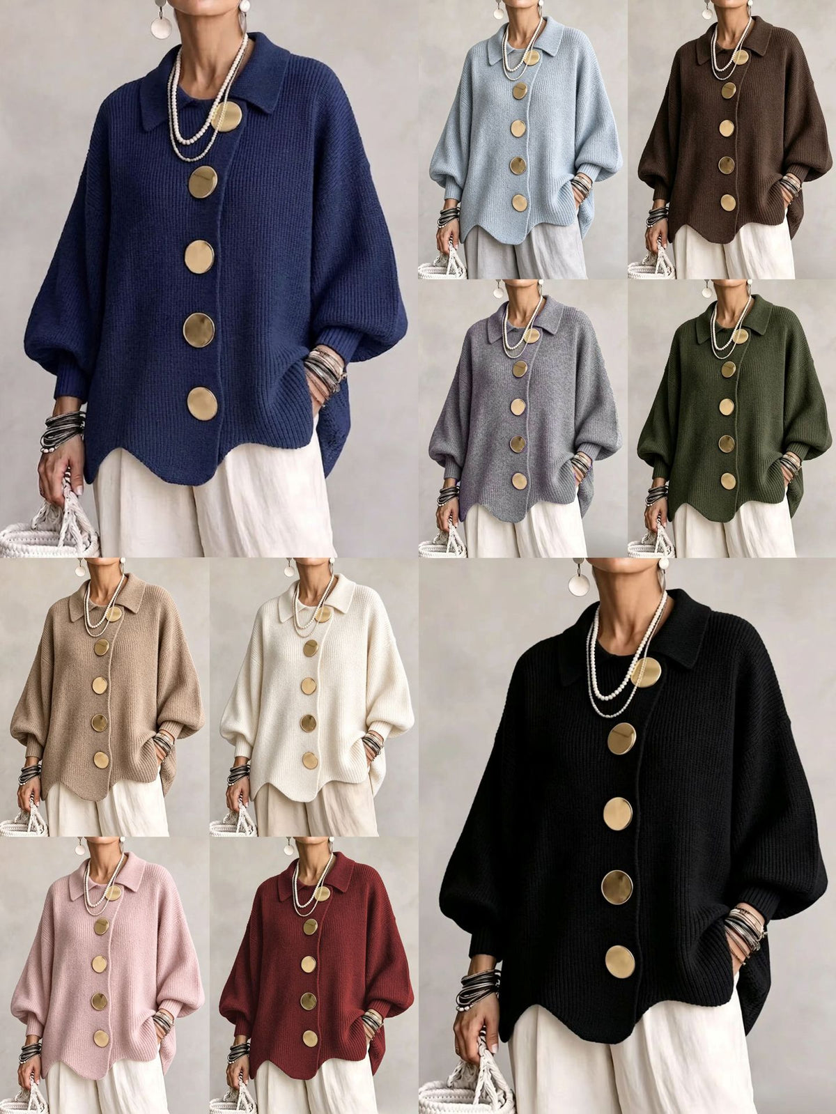 Women's French-Style Knit Top with Metal Buttons
