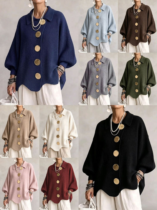 Women's French-Style Knit Top with Metal Buttons