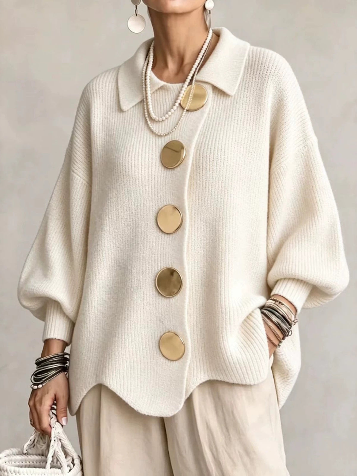 Women's French-Style Knit Top with Metal Buttons
