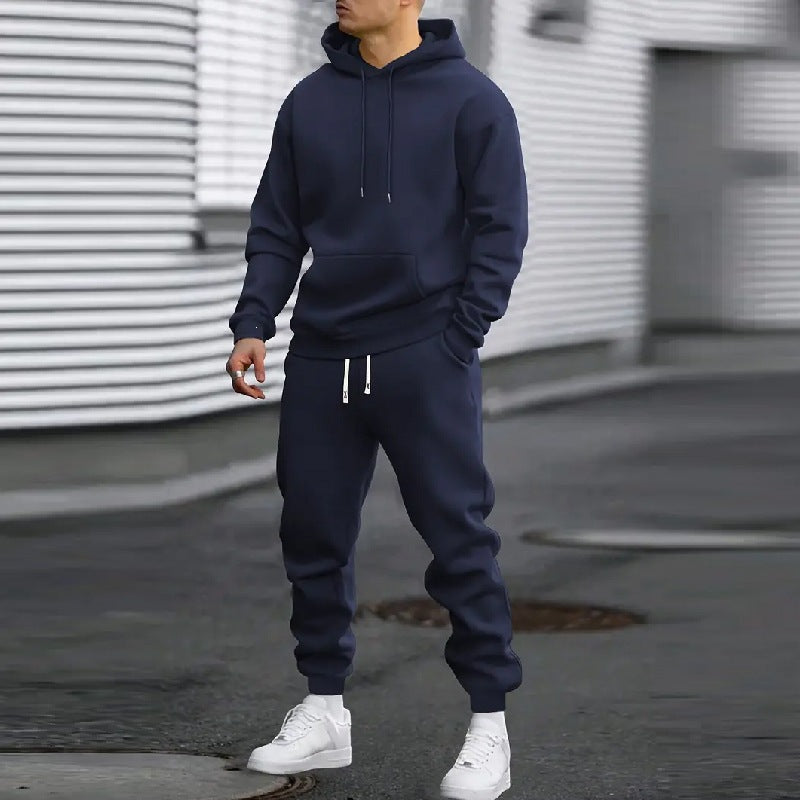 Mens Solid Color Hooded Sweatshirt and Pants Set