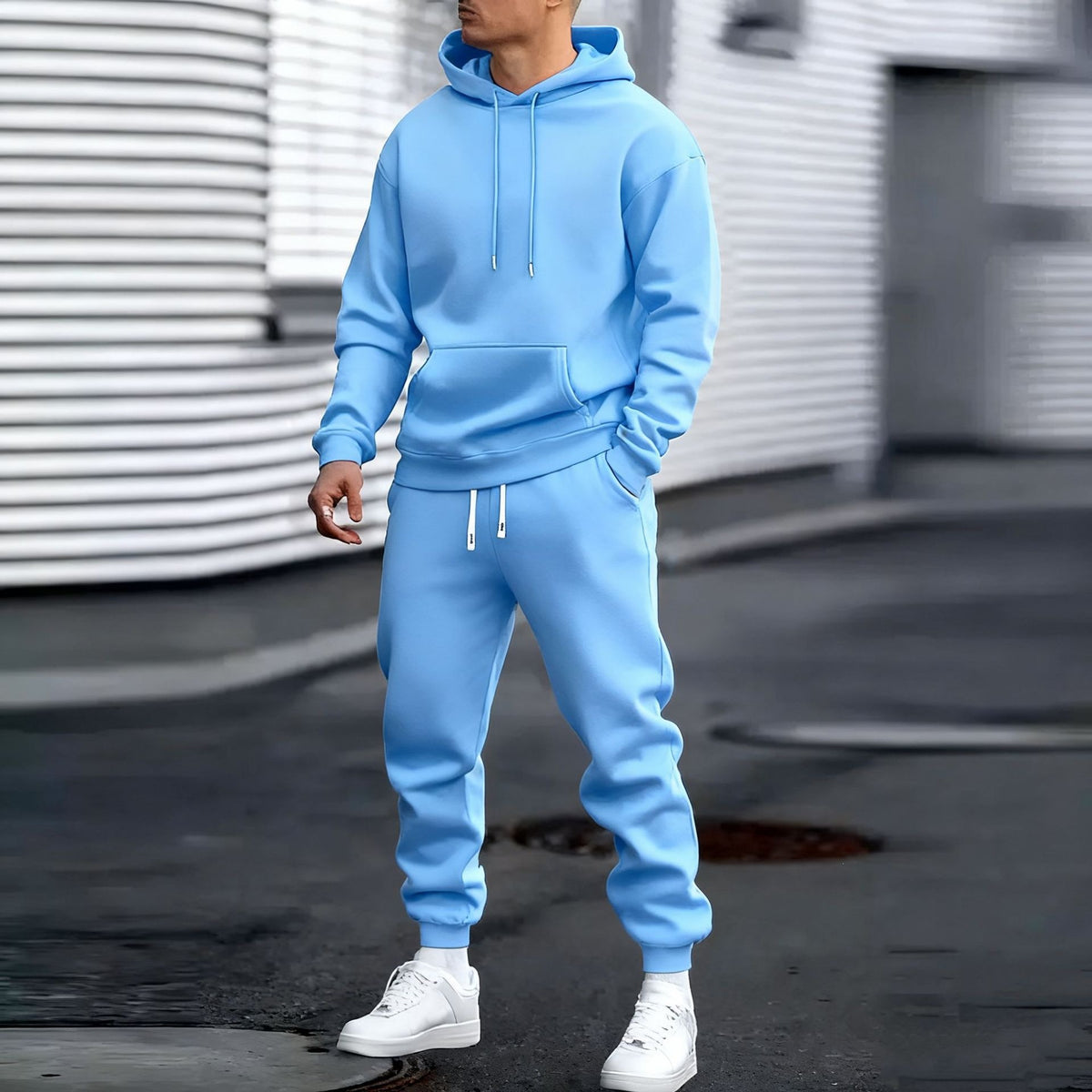 Mens Solid Color Hooded Sweatshirt and Pants Set
