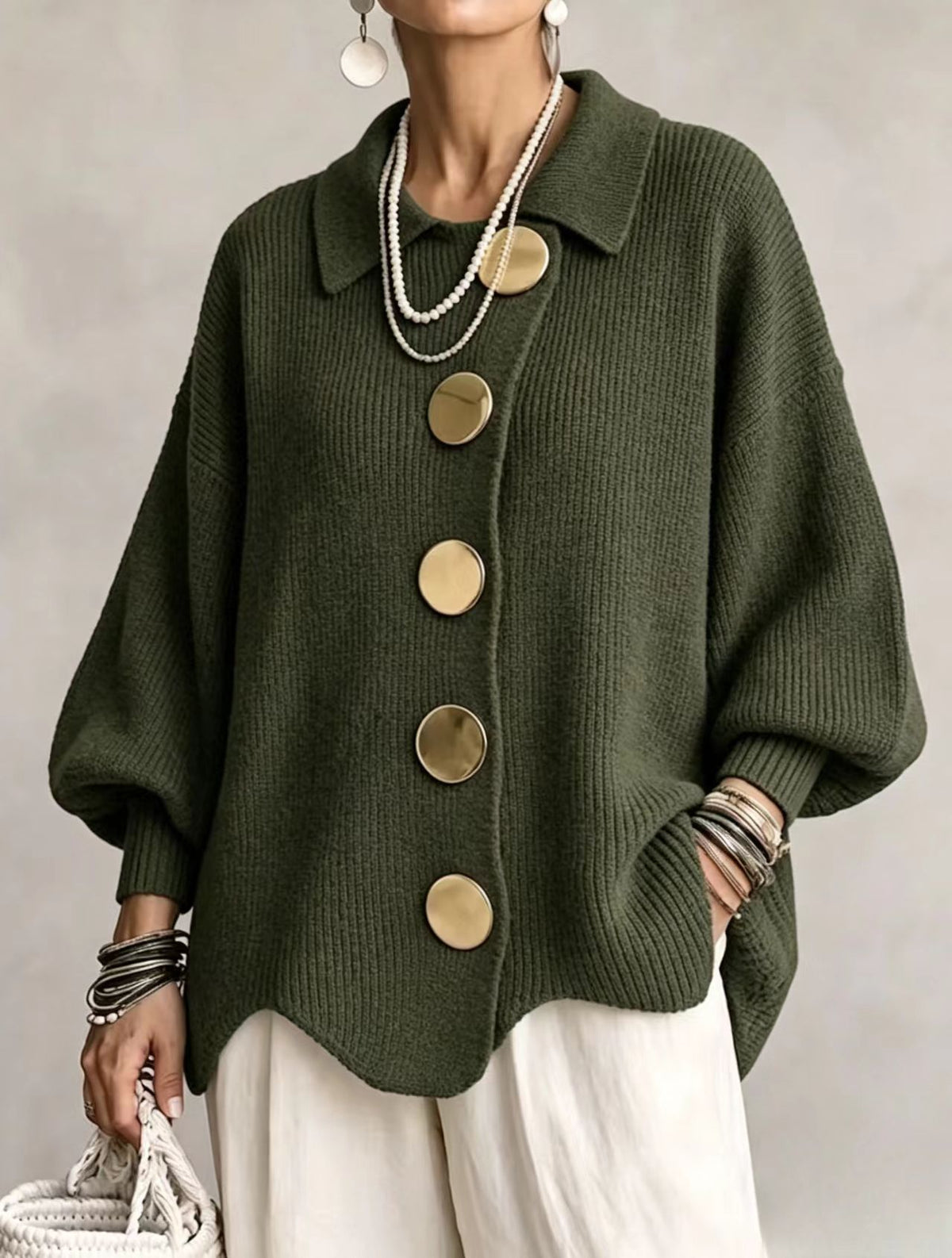 Women's French-Style Knit Top with Metal Buttons