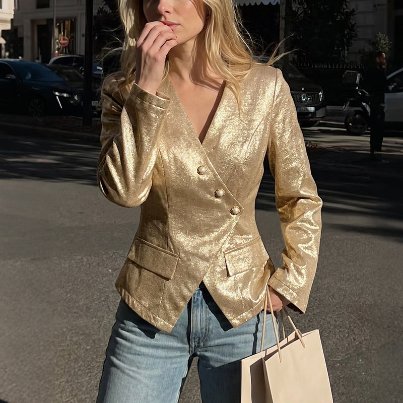 Women's Gold V-Neck Blazer
