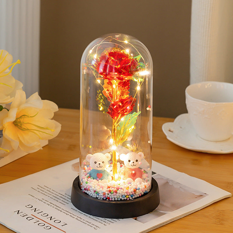 Eternal Rose LED Lamp with Bear Couple Desktop Decoration