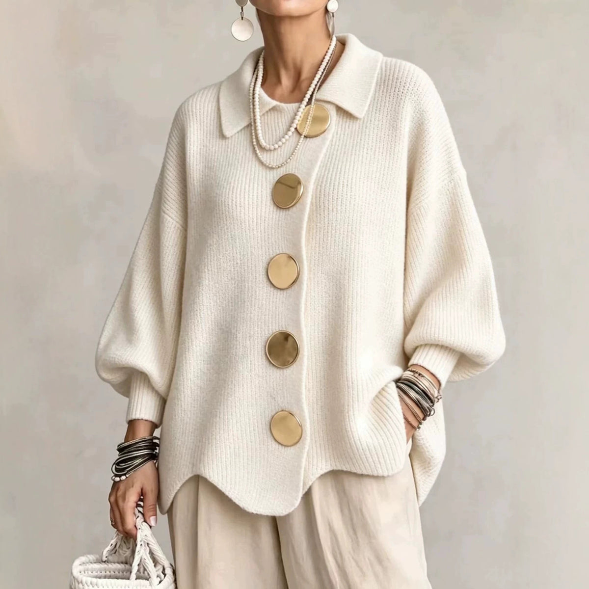 Women's French-Style Knit Top with Metal Buttons