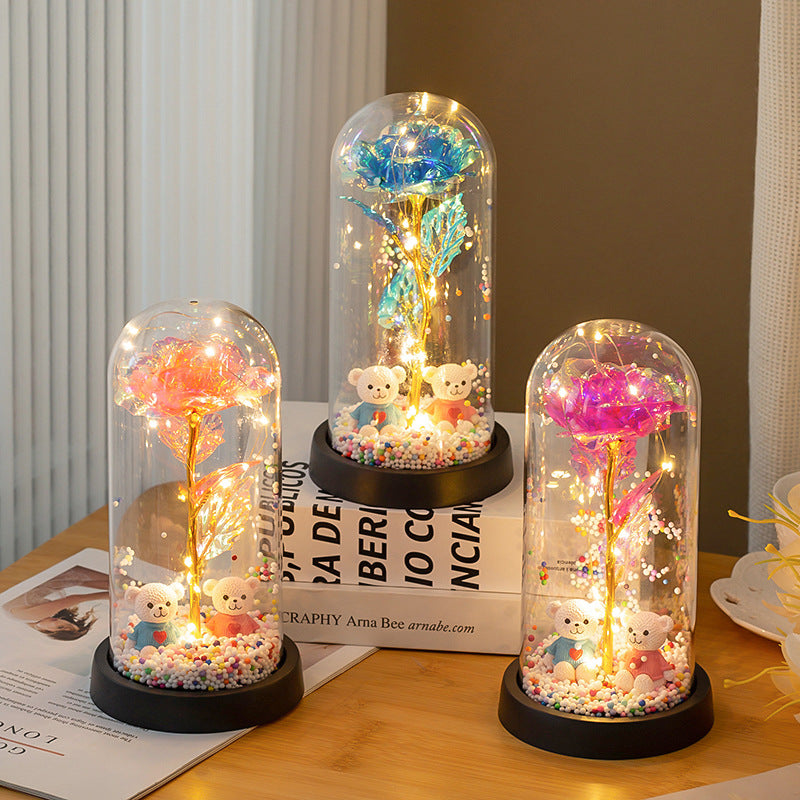 Eternal Rose LED Lamp with Bear Couple Desktop Decoration