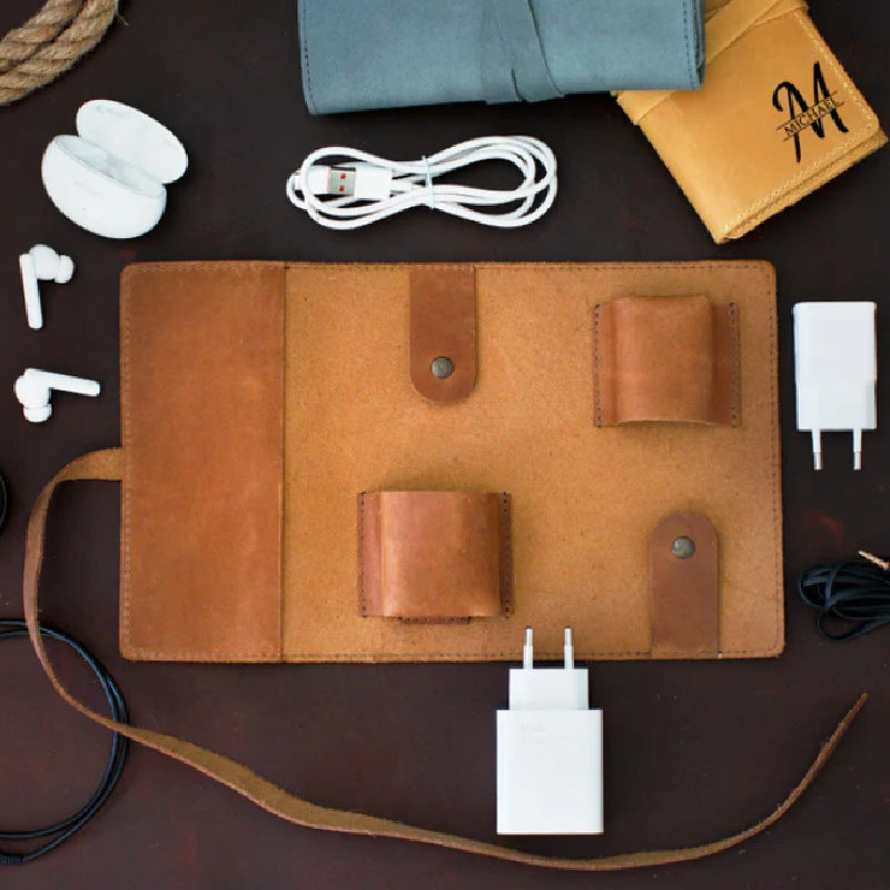Leather Cable Organizer Roll Bag