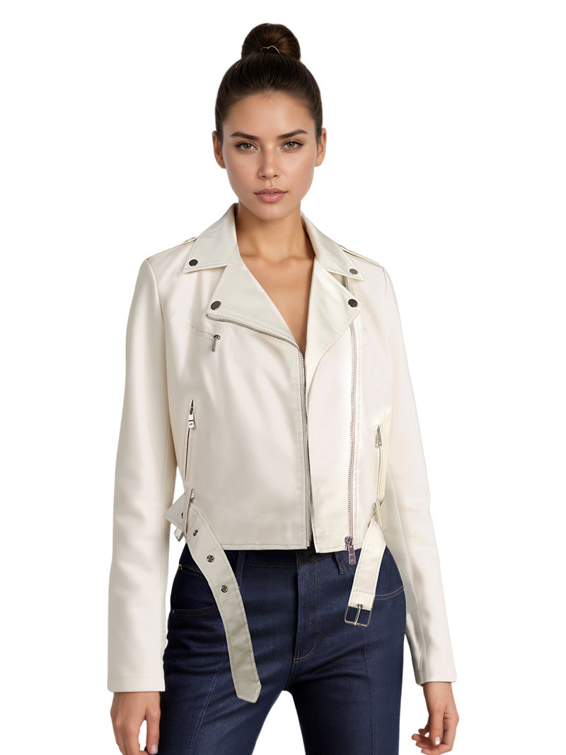 Womens PU Leather Motorcycle Jacket Lapel Short Belt