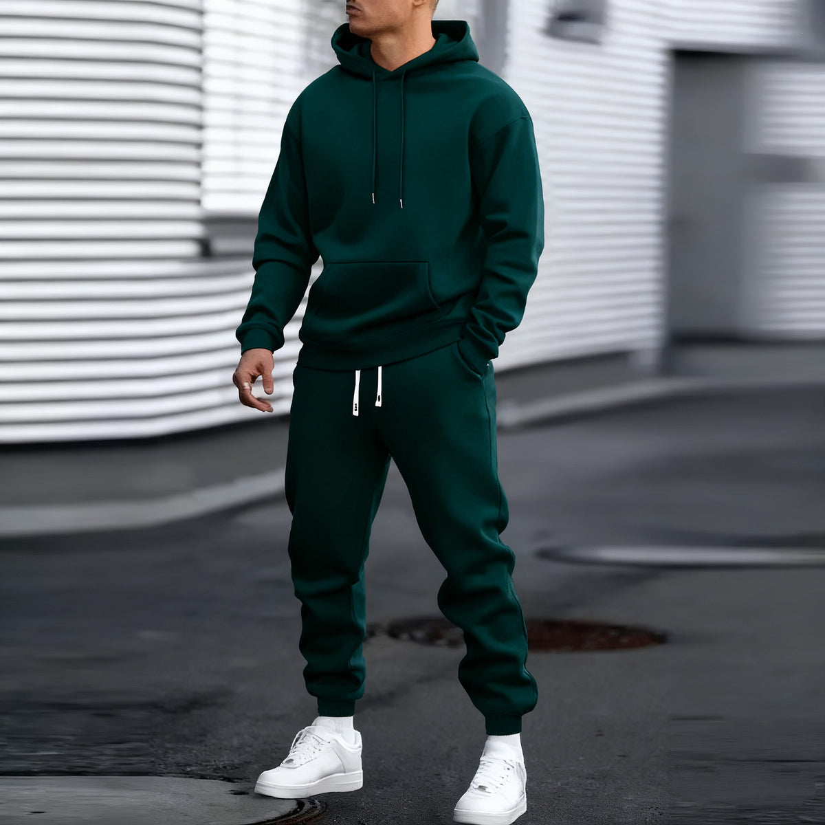 Mens Solid Color Hooded Sweatshirt and Pants Set