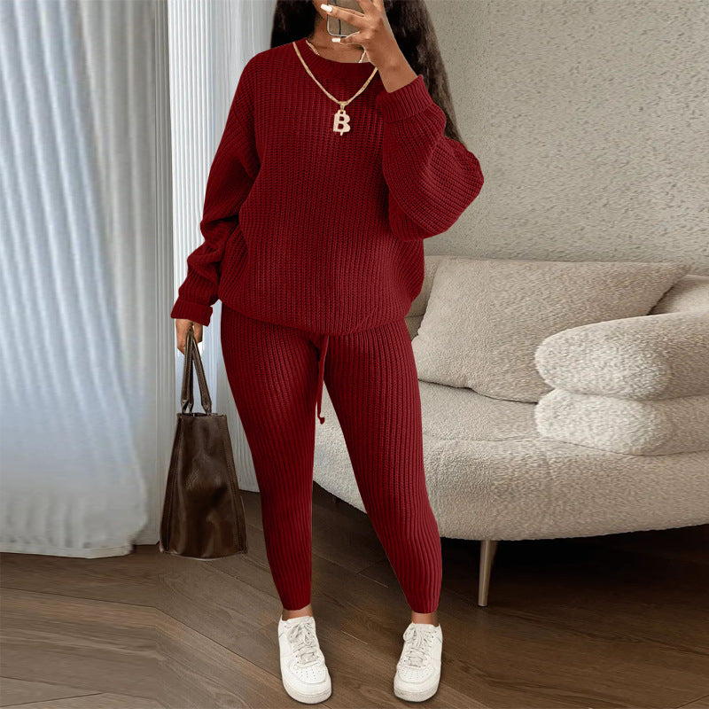 Womens Casual Knitwear Suit Long Sleeve Two Piece Pants Set