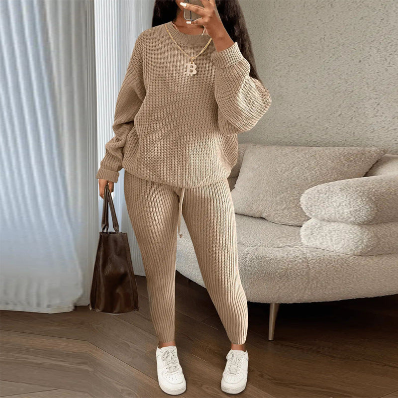 Womens Casual Knitwear Suit Long Sleeve Two Piece Pants Set
