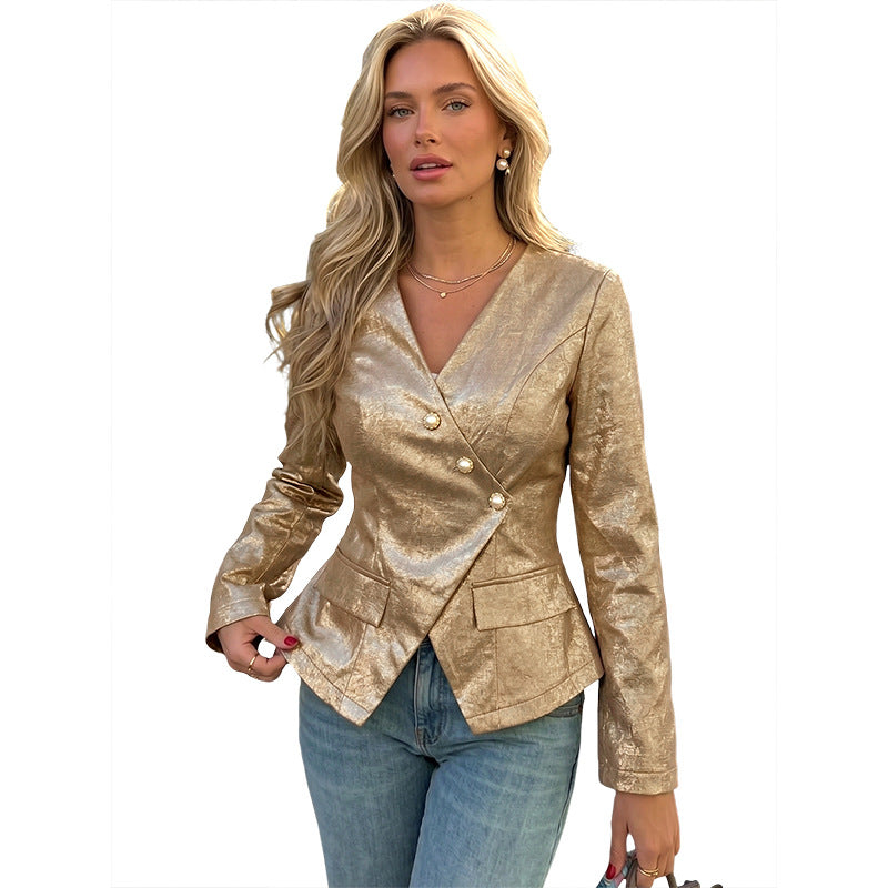 Women's Gold V-Neck Blazer