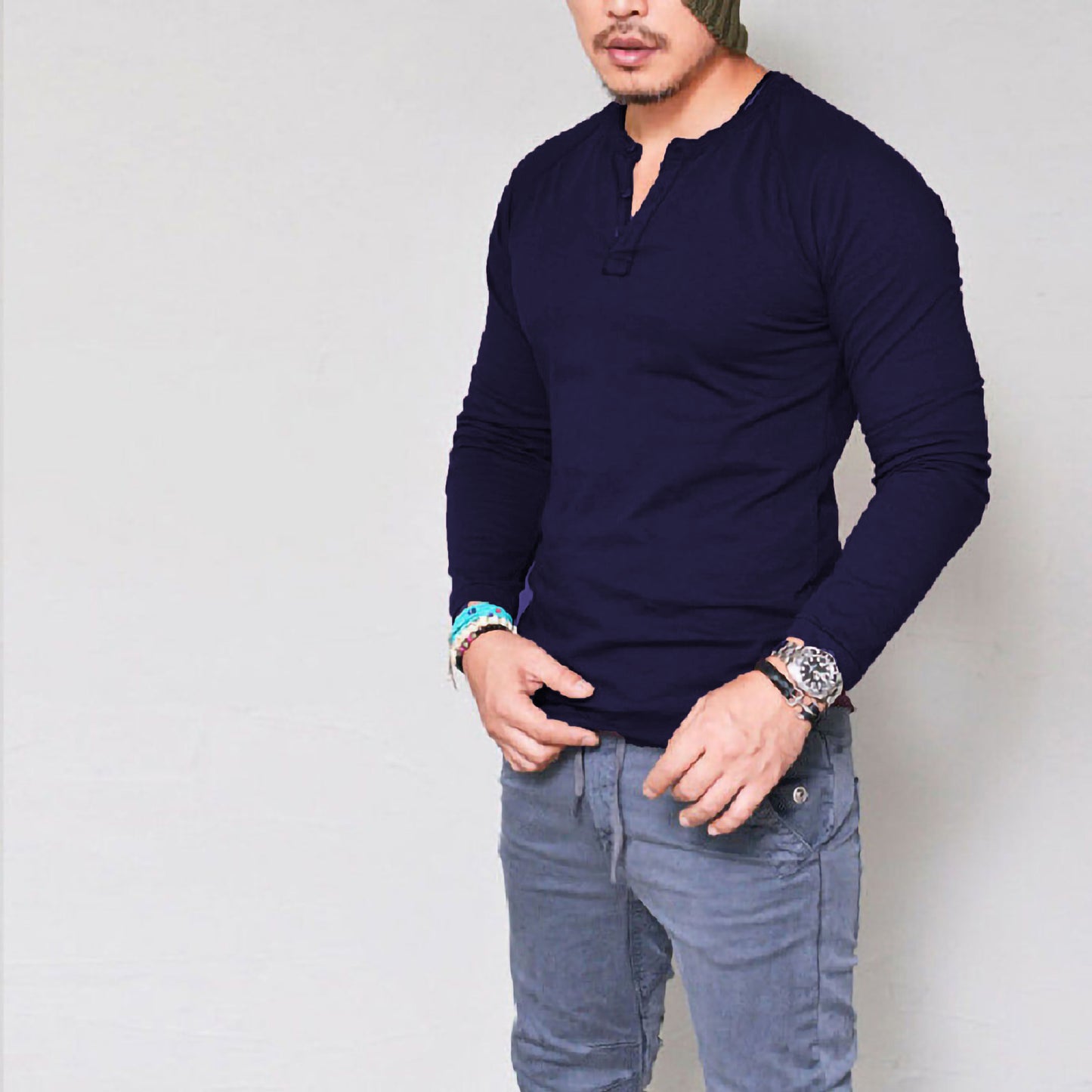 Mens Round Neck Long Sleeve Cotton T-Shirt