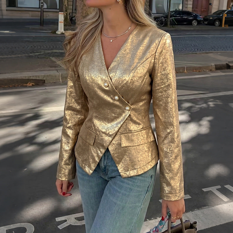 Women's Gold V-Neck Blazer