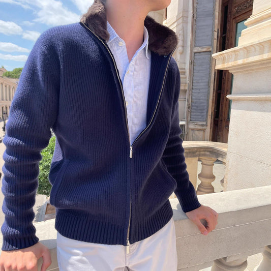 Men's Fur-Collar Knitted Cardigan