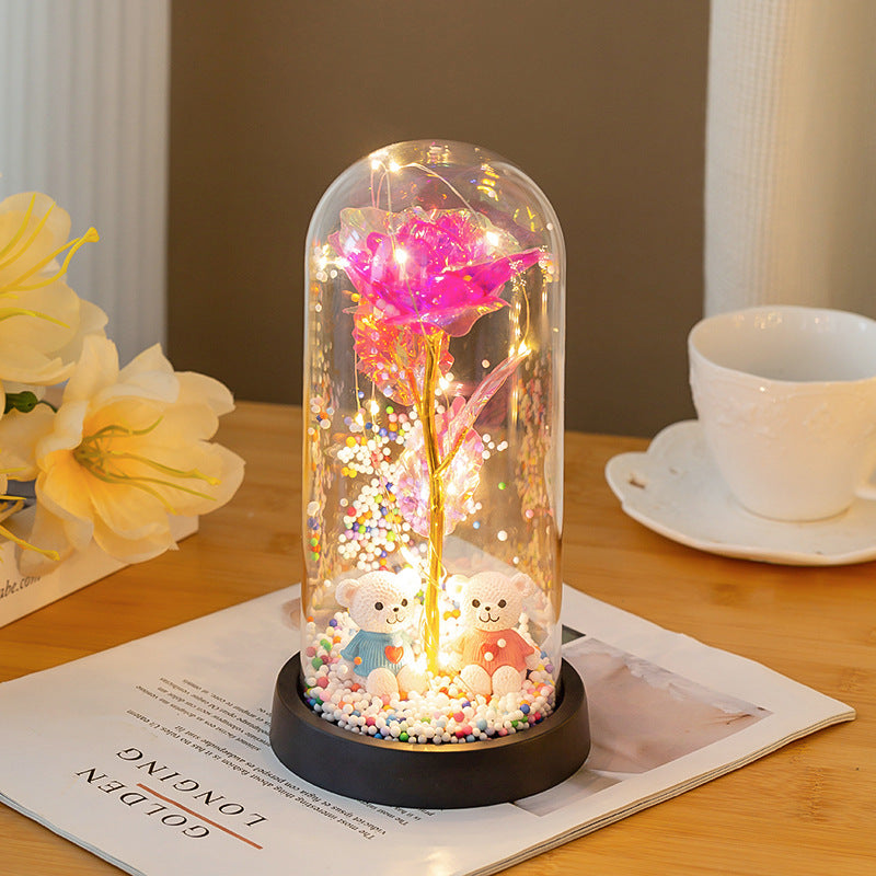 Eternal Rose LED Lamp with Bear Couple Desktop Decoration
