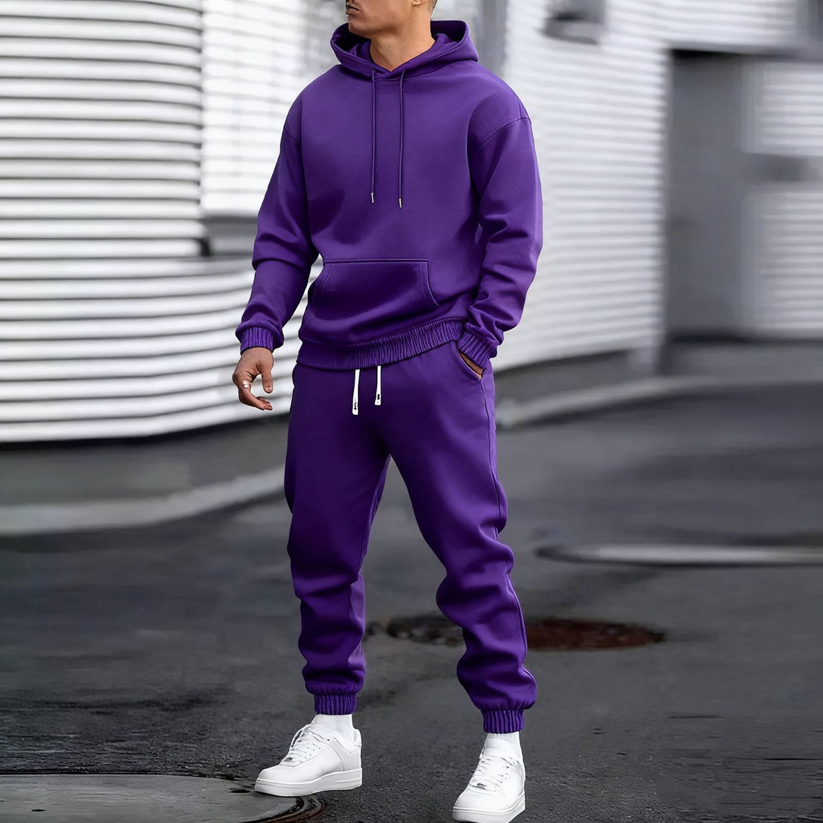 Mens Solid Color Hooded Sweatshirt and Pants Set