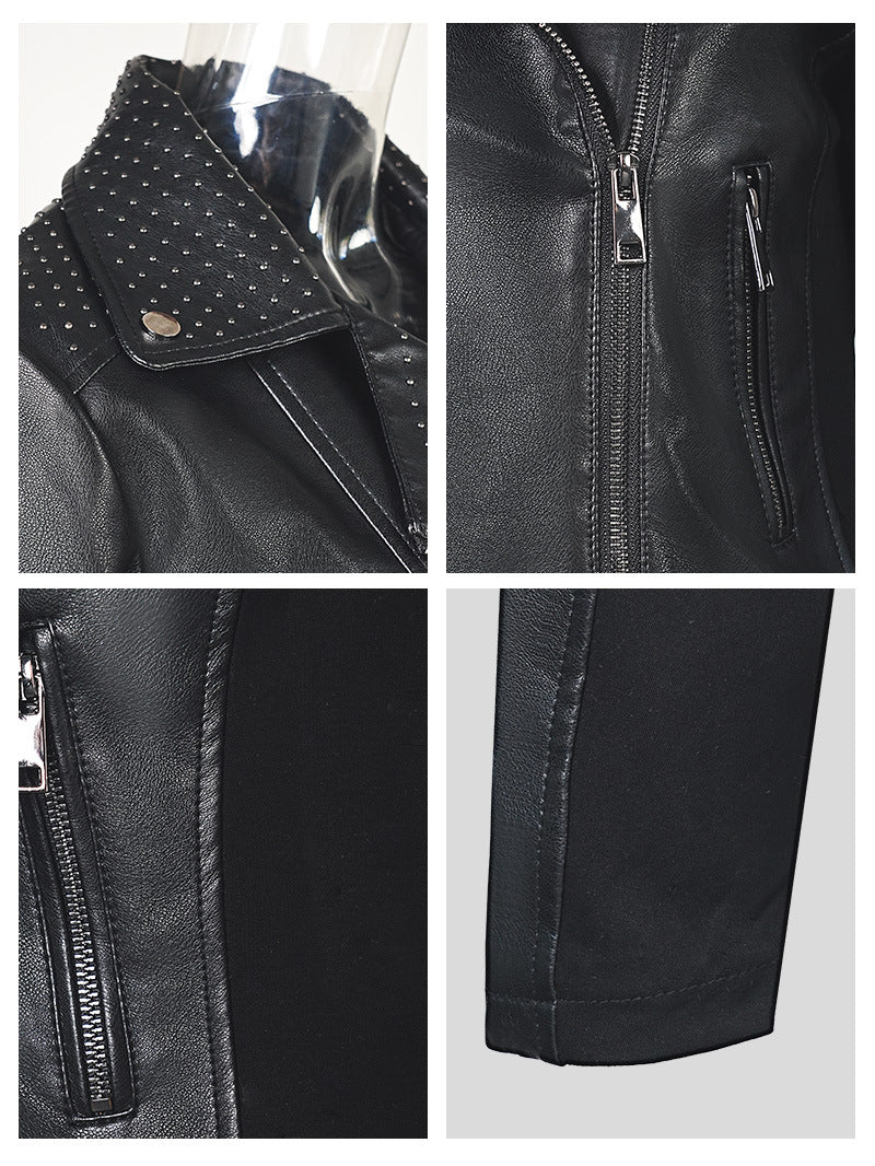 Women's short PU faux leather fitted V-neck zipper jacket