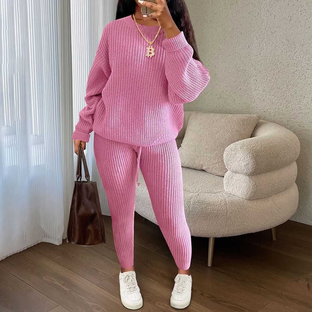 Womens Casual Knitwear Suit Long Sleeve Two Piece Pants Set