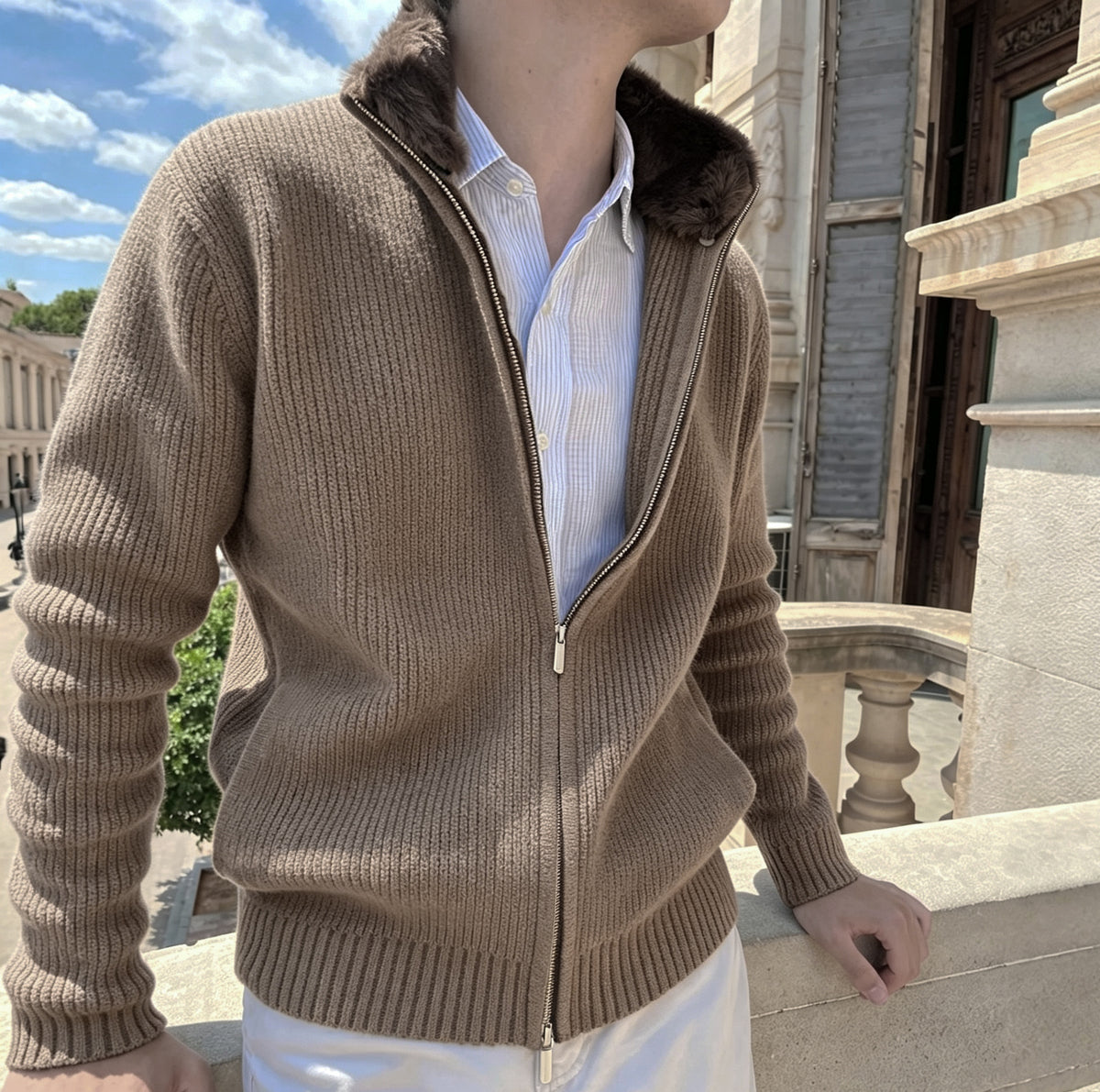 Men's Fur-Collar Knitted Cardigan