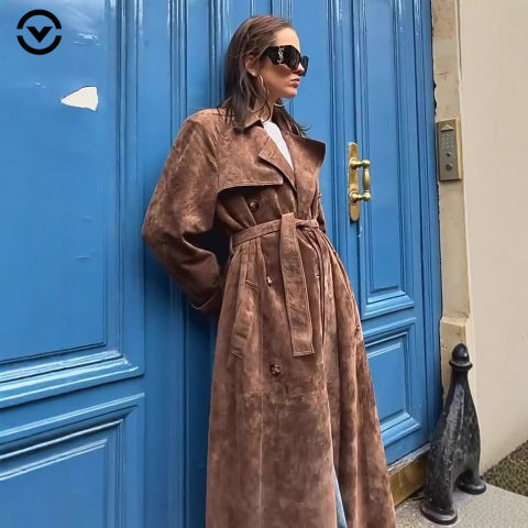 Womens Retro Elegant Long Suede Coat