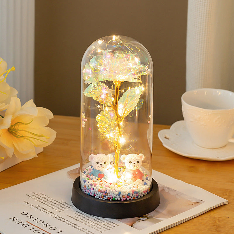 Eternal Rose LED Lamp with Bear Couple Desktop Decoration