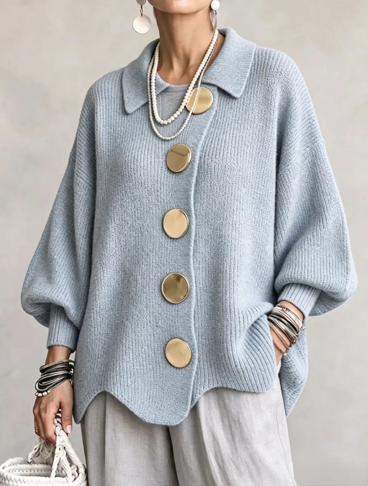 Women's French-Style Knit Top with Metal Buttons
