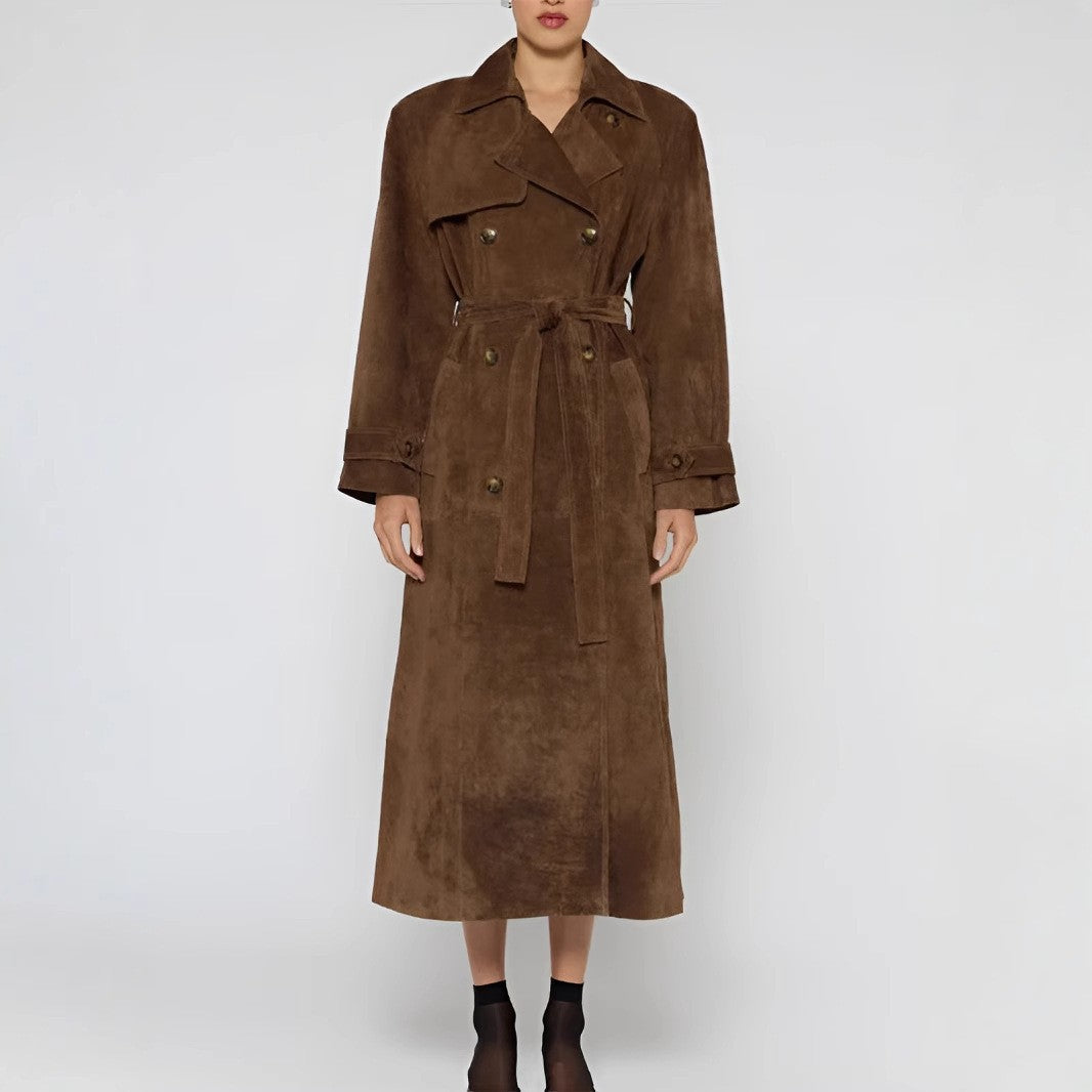 Womens Retro Elegant Long Suede Coat