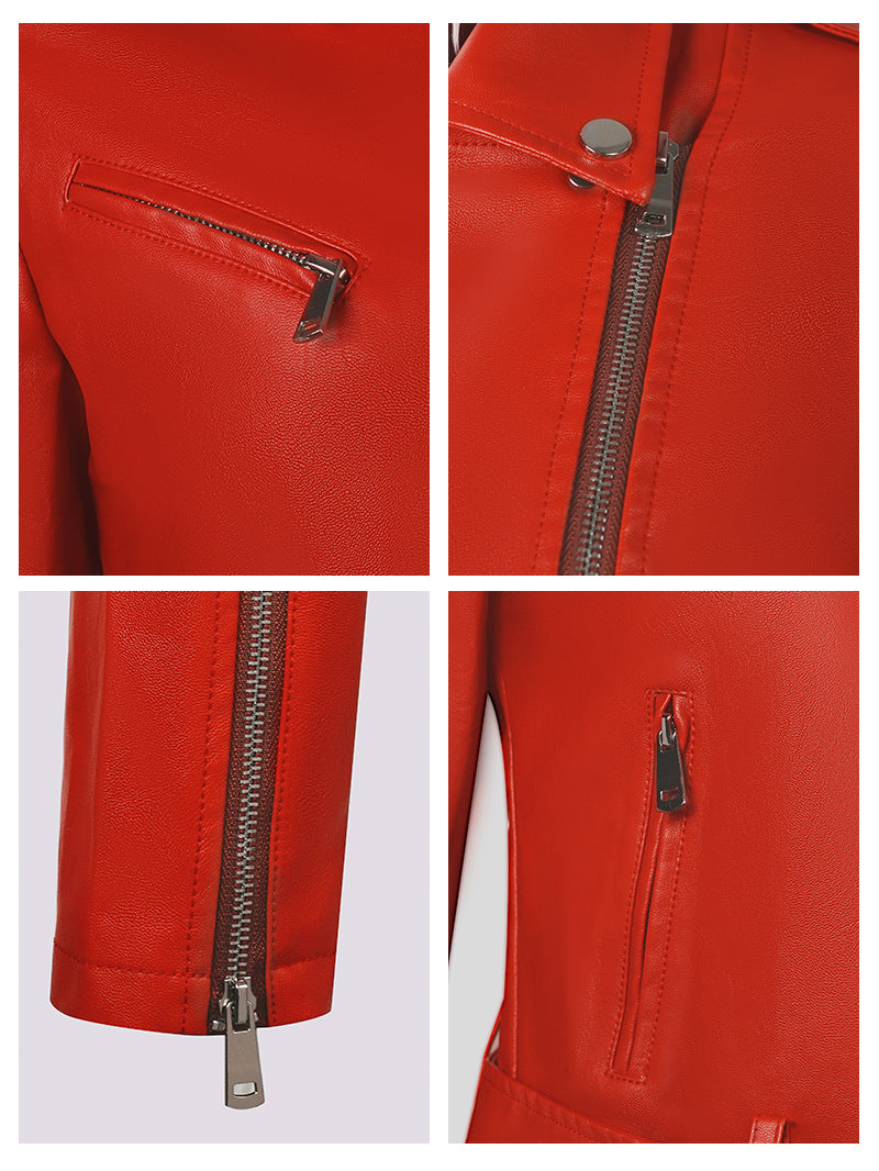 Womens PU Leather Motorcycle Jacket Lapel Short Belt