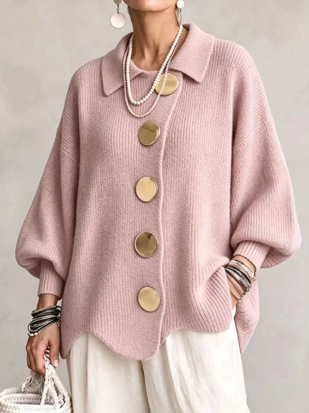 Women's French-Style Knit Top with Metal Buttons