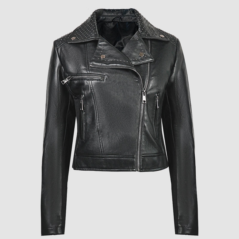 Women's short PU faux leather fitted V-neck zipper jacket