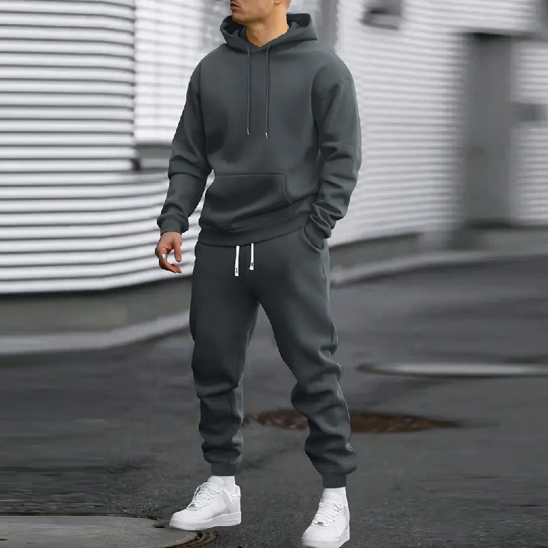 Mens Solid Color Hooded Sweatshirt and Pants Set