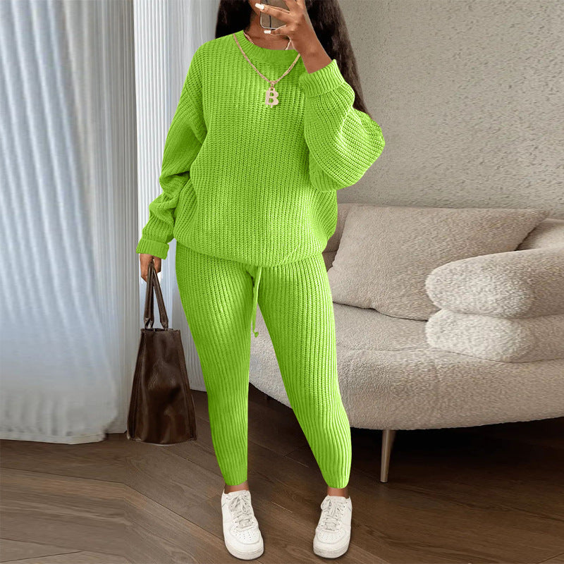 Womens Casual Knitwear Suit Long Sleeve Two Piece Pants Set