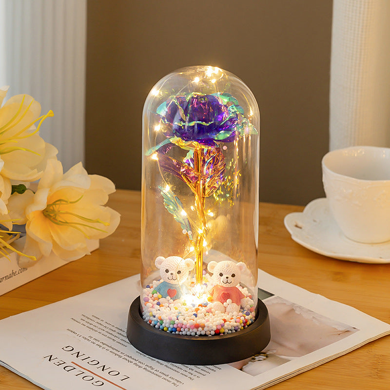 Eternal Rose LED Lamp with Bear Couple Desktop Decoration